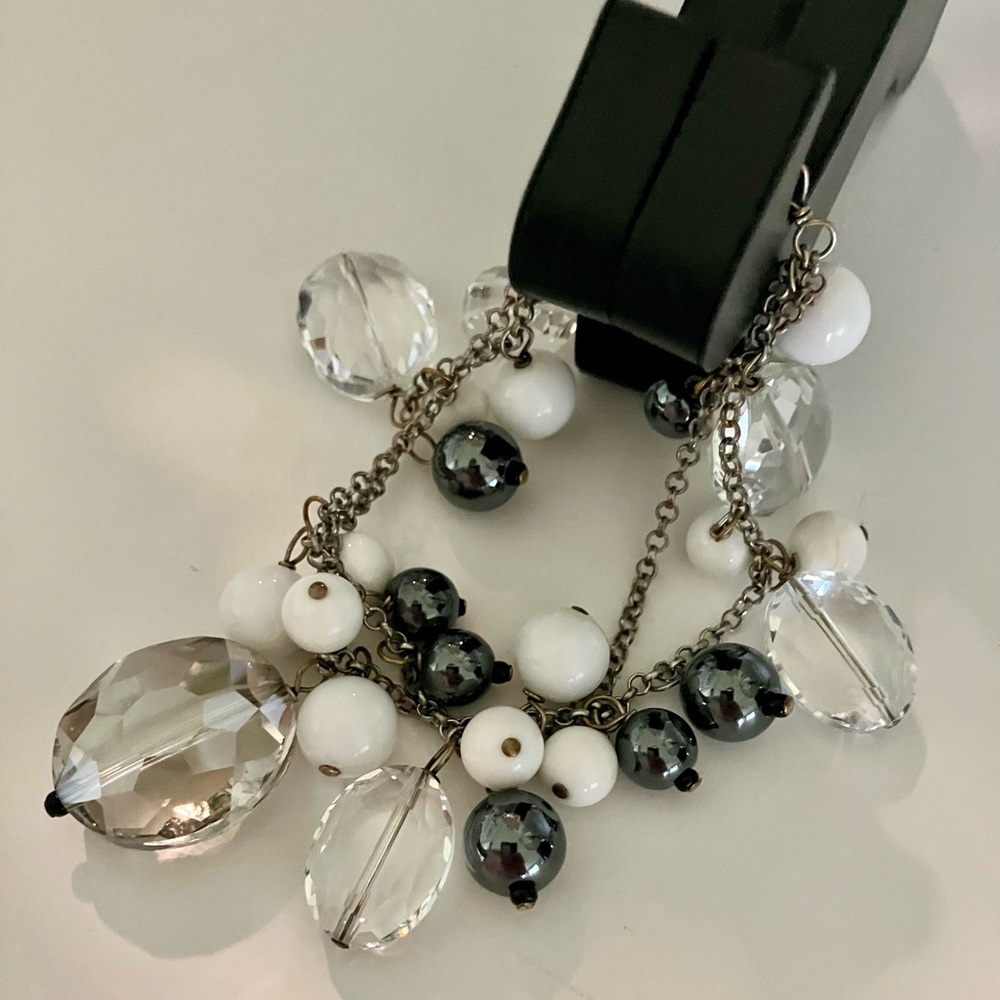 Layered Charms Bracelet with White, & Hematite Stone & Clear Glass Faceted Drops